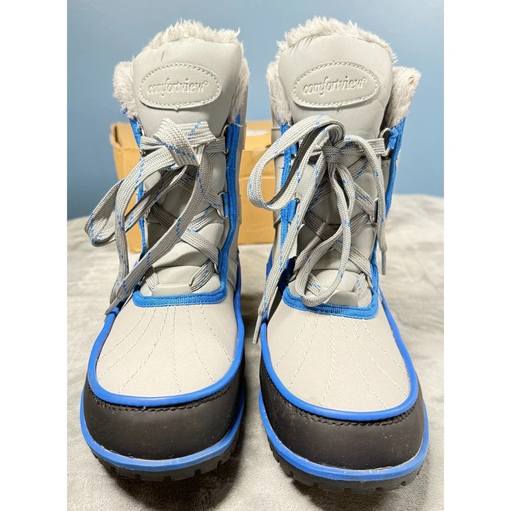Comfortview Brienne Duck Boots Womens 10M Grey Blue Waterproof Faux Fur